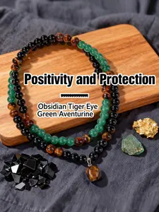 Positivity and Protection Necklace, Obsidian Tiger Eye Aventurine Boho Crystal Necklace, Natural Stone Beaded Long Sweater Chain Jewelry Gift, Hand Selected Crystals