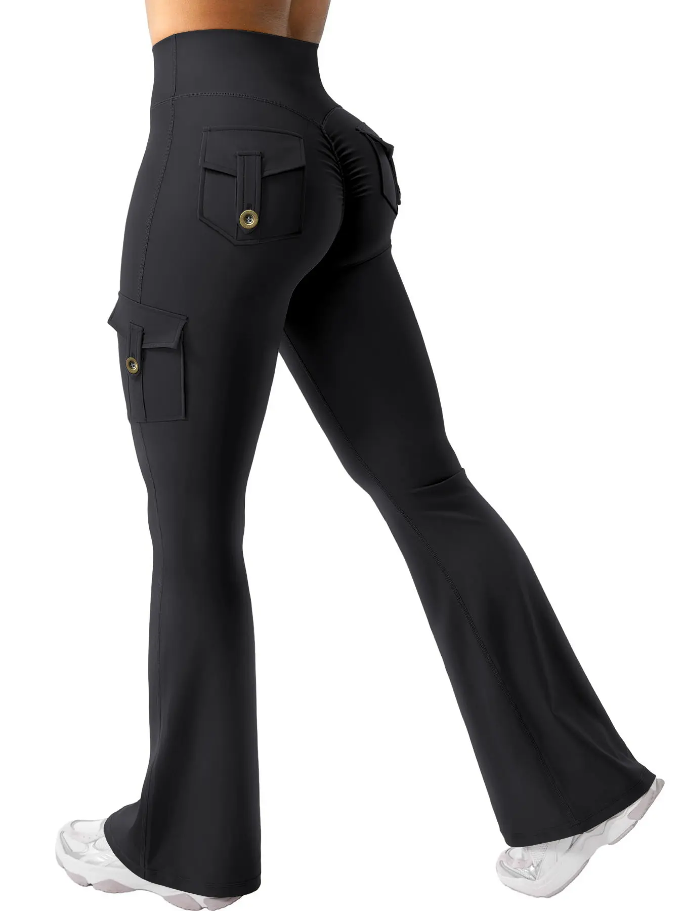 Women's High Waisted Flare Leggings - Hidden Scrunch Detail, No Front Seam, Cargo Pockets, Camouflage Nylon Blend Workout Pants, 75% Nylon 25% Spandex Summer Sports Bottoms