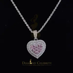 DiamondCelebritees Women's 925 Silver 11.00 ct VVS D Pink & White Moissanite 3D Double Heart Pendant