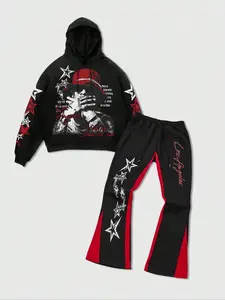 Men's Y2K Hip Hop Star Print Sports Set, Loose Hoodie & Flare Pants Two-Piece, Concert Party Essential, Streetwear Fashion, Streetwear Tracksuit Set