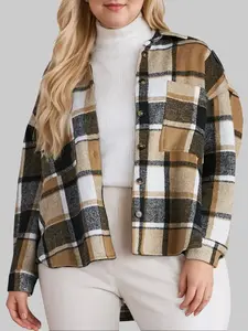 Women's Casual Plaid Shacket Long Sleeve Button Down Flannel Plus Shirts Jacket Coats with Side Pockets 18W-22W