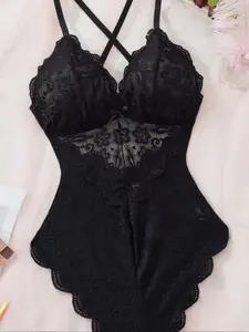 Sexy European Style Hollow Out Lace Bodysuit, Women's Sheer Lingerie, Elegant & Alluring Design, Perfect for Nightwear