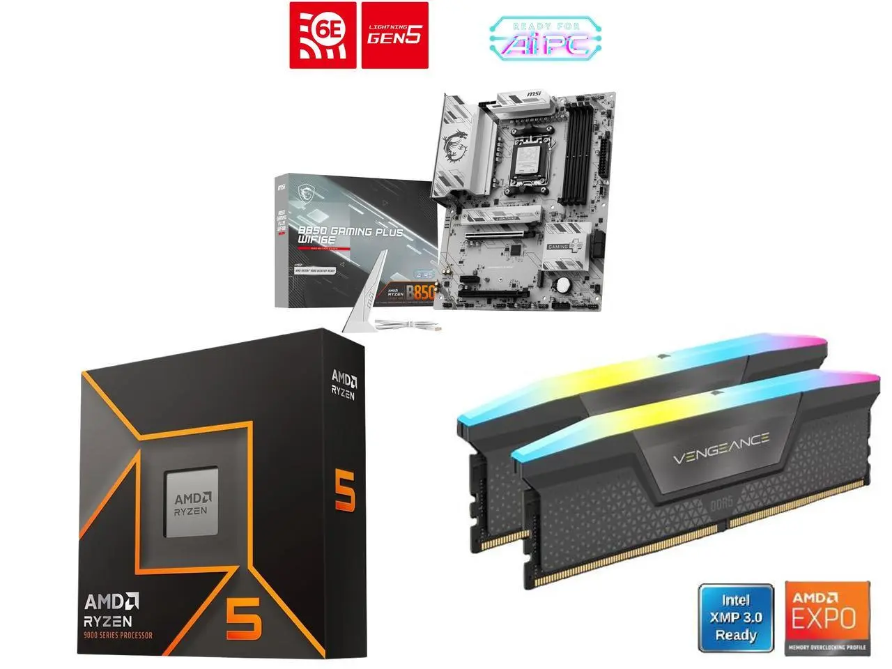 MSI B850 GAMING PLUS WIFI6E Motherboard, ATX, AMD Ryzen 9000/8000/7000, AM5, DDR5 8200+ MT/s (OC), PCIe 4.0 x16, M.2 Gen5, Wi-Fi 6E, 2.5G LAN; AMD Ryzen 5 9600X 6-Core 3.9 GHz, AM5, 65W; CORSAIR Vengeance RGB 16GB (2x8GB) DDR5 6000