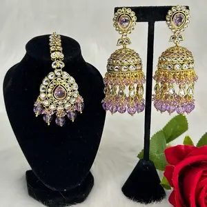 Bollywood Statement Kundan Jhumka Earrings and Tikka - High-Quality Premium Materials Hook Earrings for Elegant Style