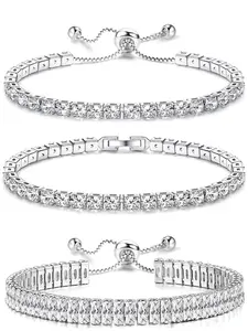Tennis Bracelets For Women - Silver Plated Bracelet Stack Cubic Zirconia CZ Diamond Adjustable Stackable Bracelets Set For Prom Wedding Jewelry Gift 3Pcs
