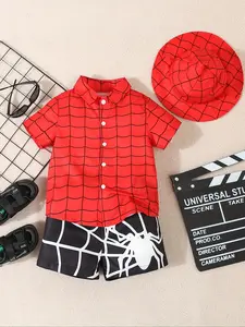 Boys' Summer Casual Spider Web Print Short Sleeve Button-Down Shirt Set, Includes Shorts & Hat, Comfortable Boys' Clothing, Clothes Kids, Clothing Sets