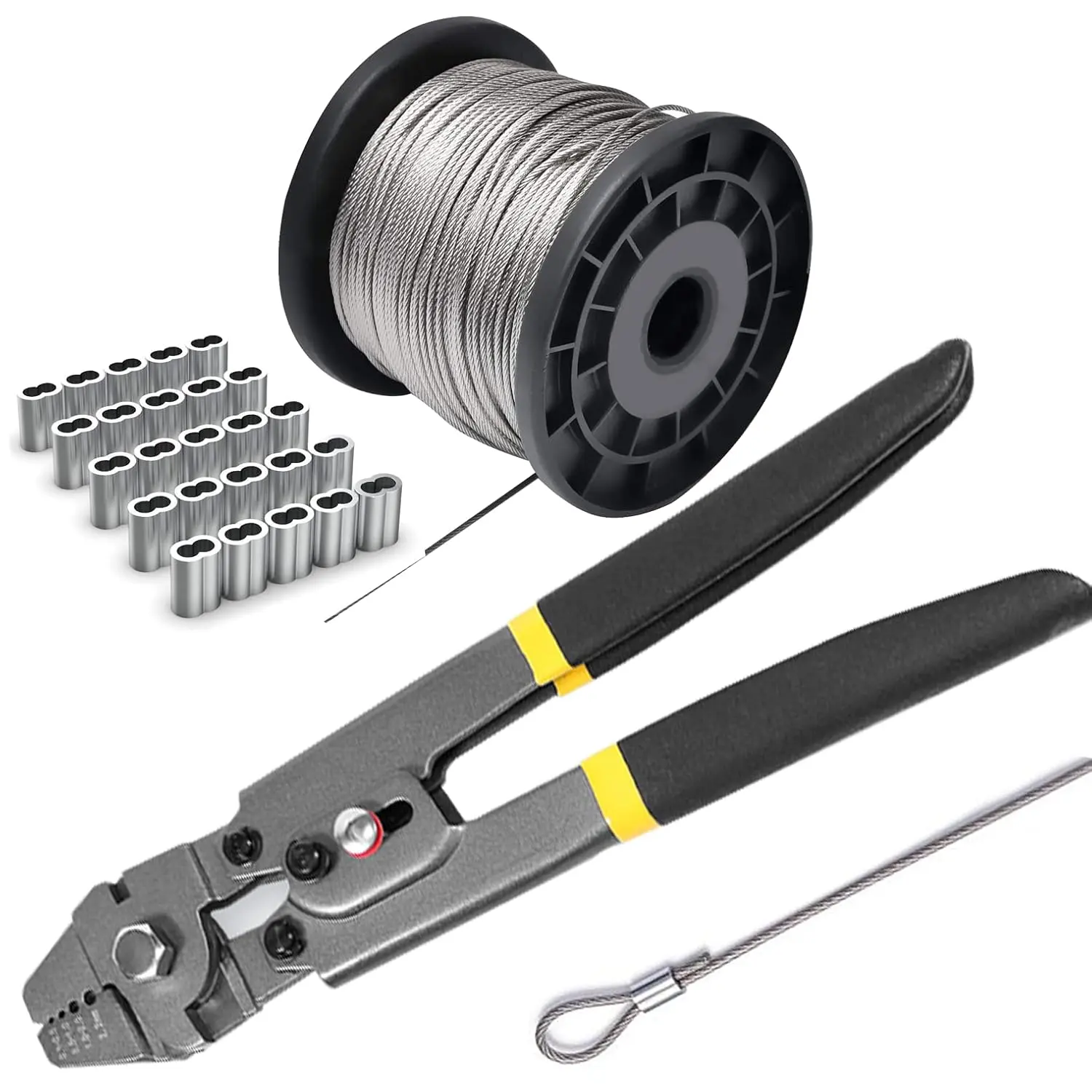 Heavy Duty Wire Rope Crimping Tool Kit with Crimper Cutter, 1/16-304 Stainless Steel 7x7 Strand Core Cable (165 ft), 100 Aluminum Ferrule Loop Sleeve Stops, Automotive DIY Tools, Hardware Work Accessories for Decorations, Photos, Safety Lock