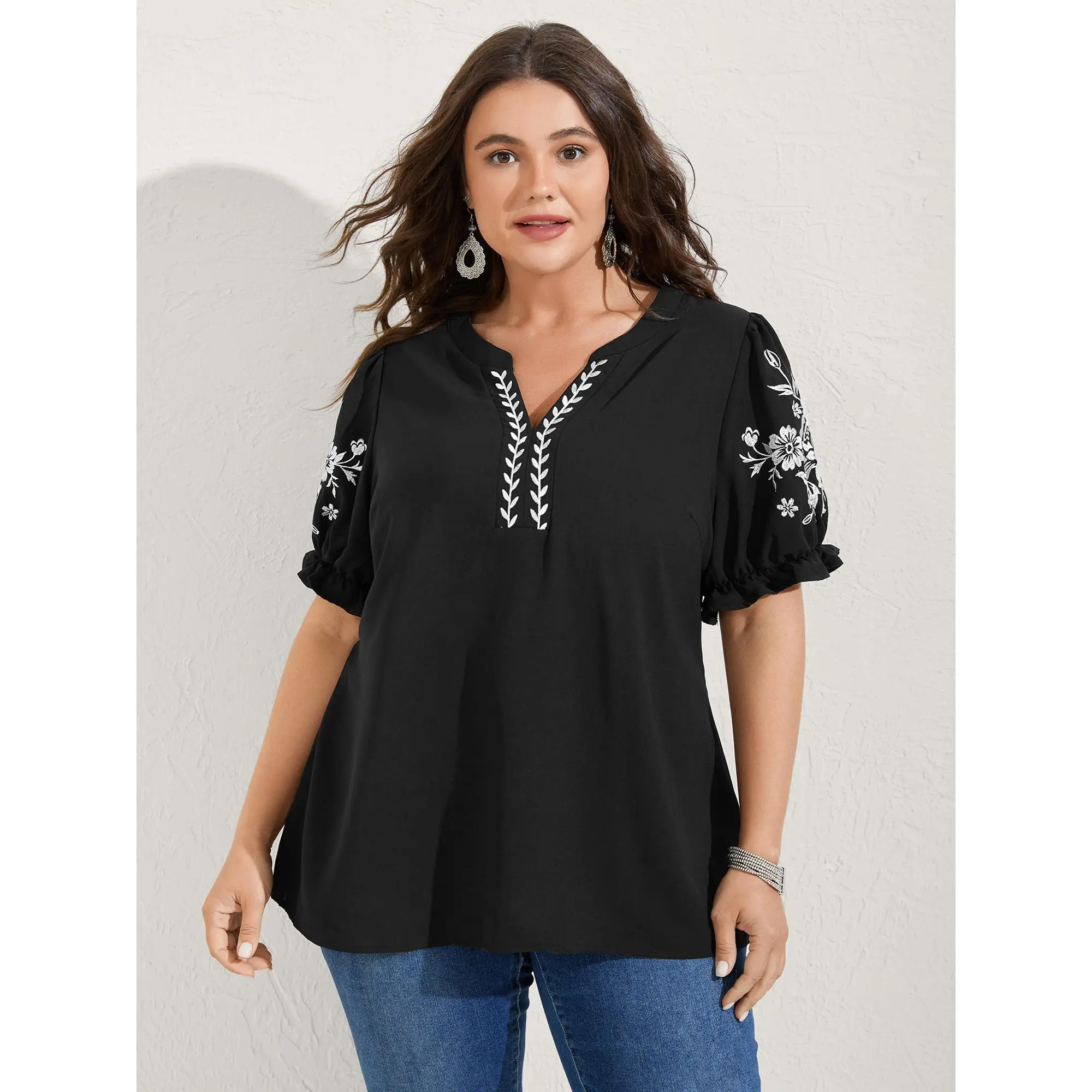 BLOOMCHIC Women's Plus Size Notched Collar Embroidered Ruffled Lantern Blouse [M-6X] - Polyester-Spandex Smooth Fabric,Summerfinds,back to school,back to school shopping