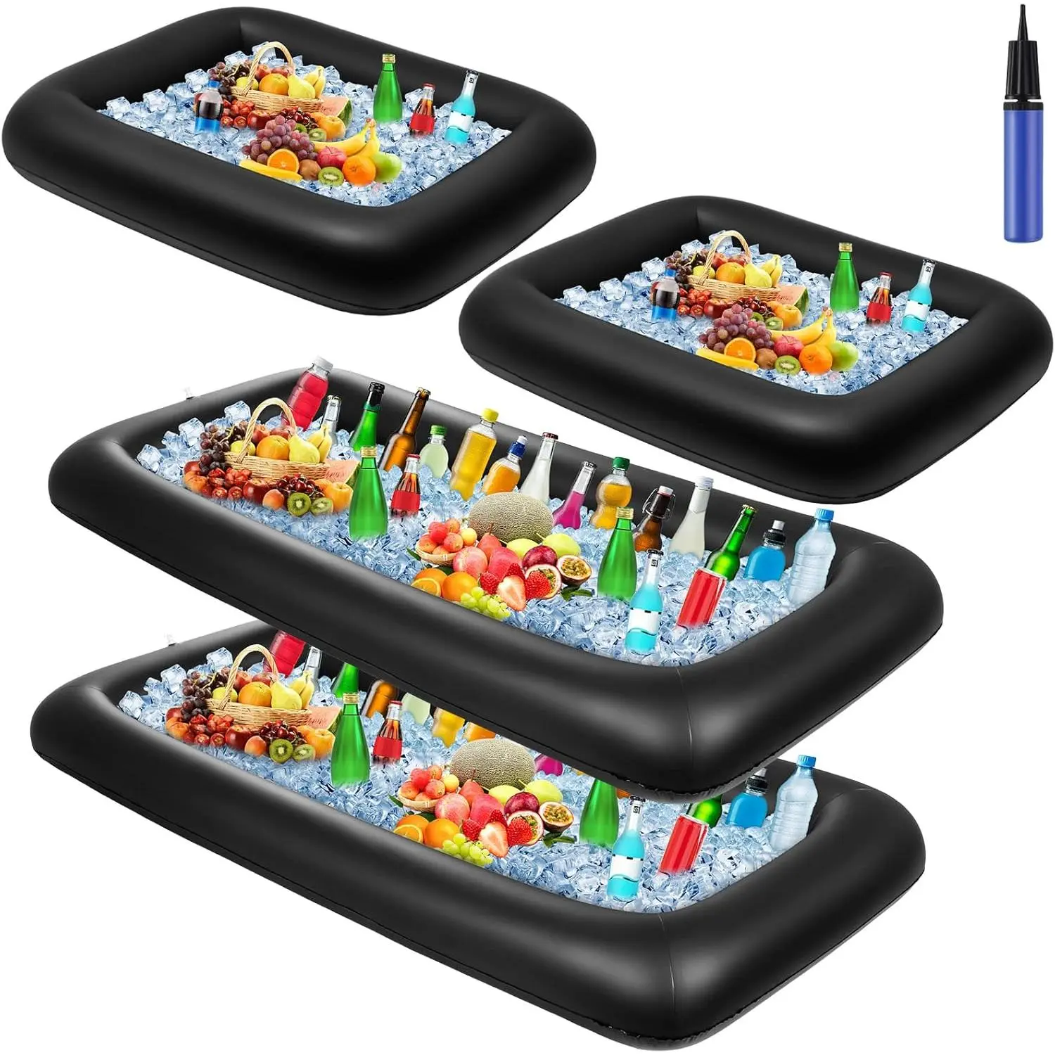 4-Pcs Pneumatic Inflatable Ice Serving Bars - Outdoor Unisex Buffet Trays, Pool Party Floating Food & Drink Coolers with Drain Plug, Hand Pump, 2 Sizes, Drink Cooler