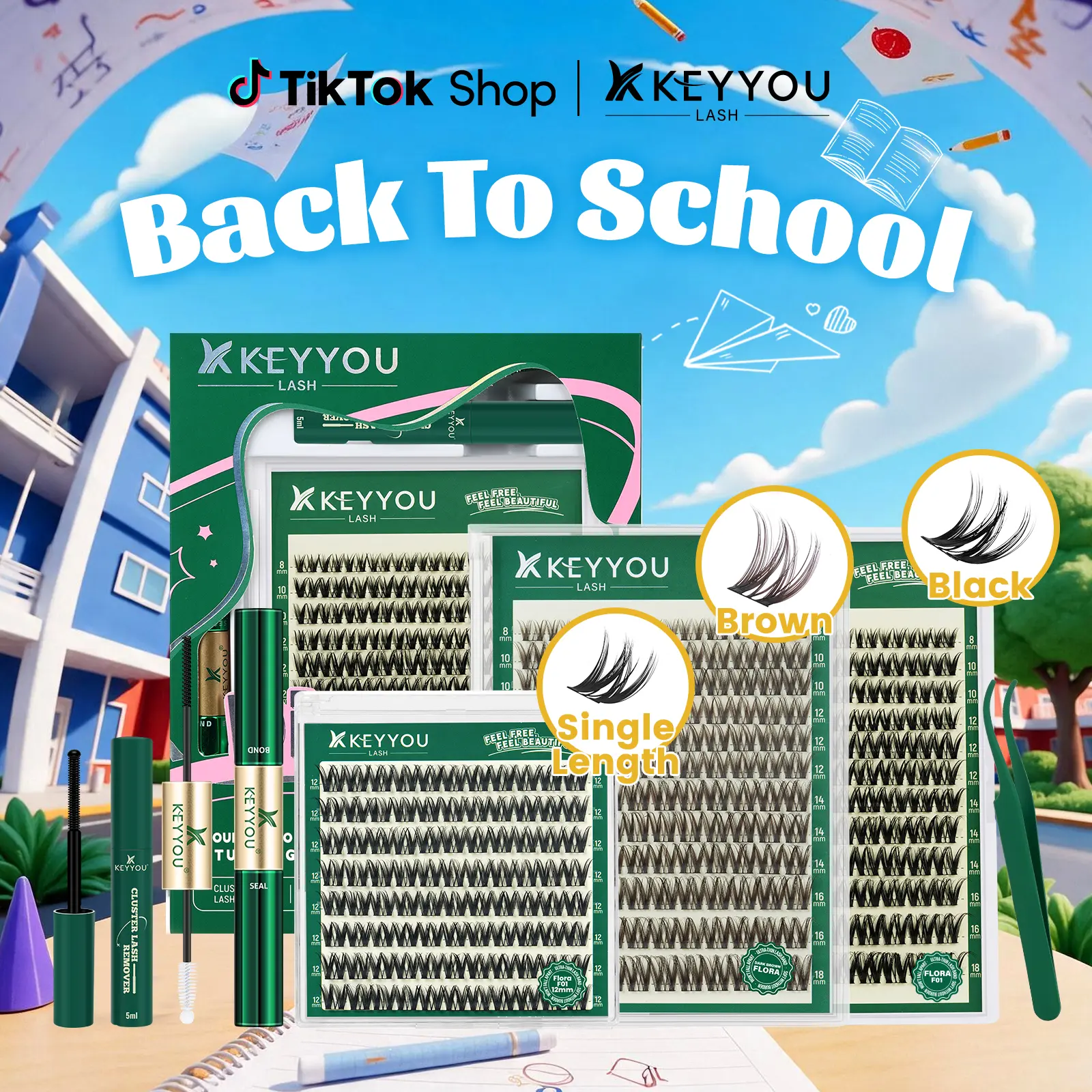 KEYYOU Flora Lash Kit | Kim & Kylie D curl | Spider Lash | Volume Boosting | Waterproof | Long-Lasting | DIY Extensions | 132PCS Cluster Lashes | Soft | Easy DIY At Home | Ultra Thin Band #BackToSchool