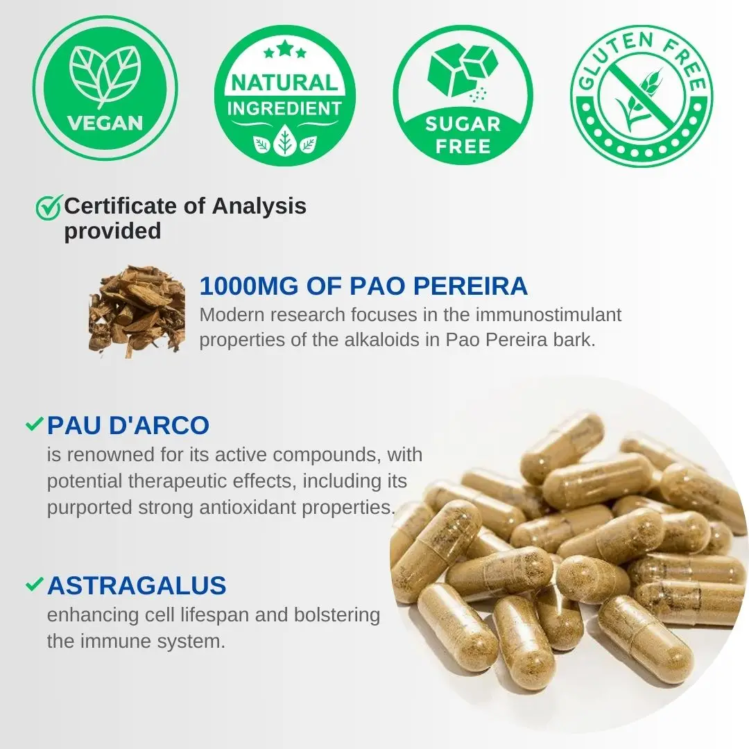 VINATURA Pao Pereira + PAU D'Arco, Astragalus - 1300MG Serving, USA Made & Tested, Stem Cells and Immune Support, 60 Capsules Healthcare Supplement