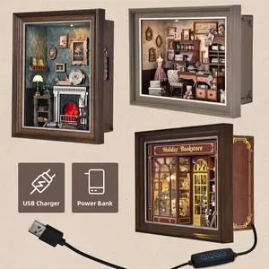 Book Nook Kit Holiday Bookstore DIY 3D Wooden Puzzle Dollhouse Miniature Furniture Photo frame ornament Model Bookend Building Home Decoration[Holiday Bookstore]