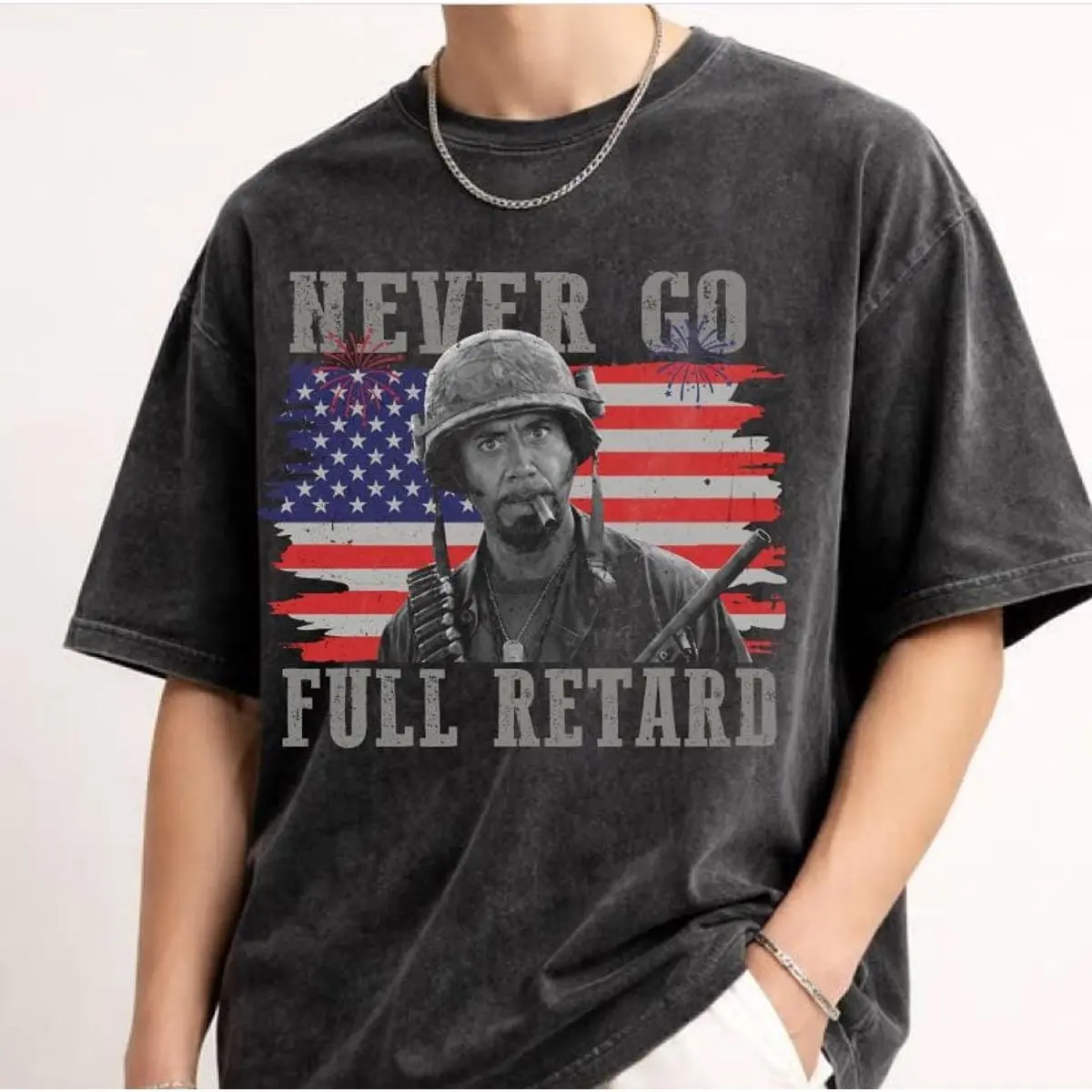 Comfort Colors Never Go Full Retard 4th Of July Shirt, Tropic Thunder Shirt, Funny Movie Quotes Tee, Unisex Garment-Dyed Tee, Crewneck Top