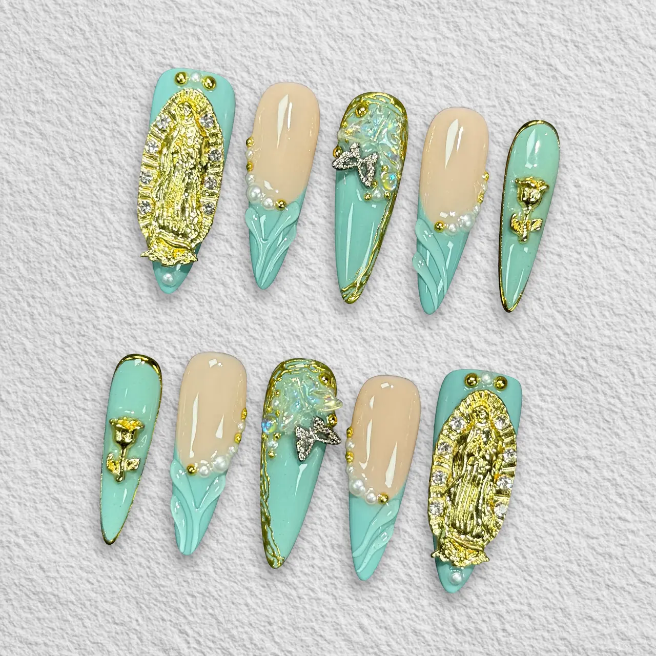 Pressmeon Handmade Press-on Nails | Sacred Mint | Long Stiletto Shape Collection | 3D Luxury Salon Quality | Reusable & Extra Durable | Eco Package