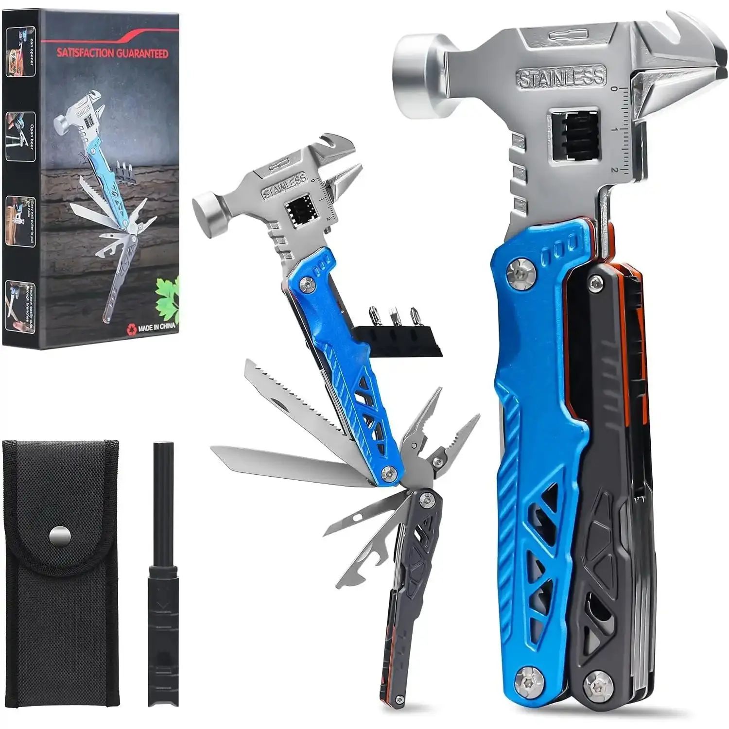18-in-1 Multipurpose Tool Kit, Survival Camping Gear & Fishing Gifts for Dad - Multitool with Hammer, Pliers, Screwdriver and Pocket Knife for Men