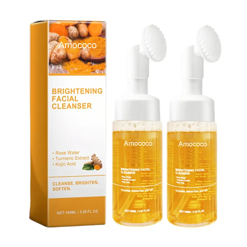Amococo 2pcs Turmeric Gentle Face Wash Mousse Facial Cleanser - Rose Water, Turmeric Extract,KolicAid for Oily Skin - Net 100ml/3.5 FL.OZ.