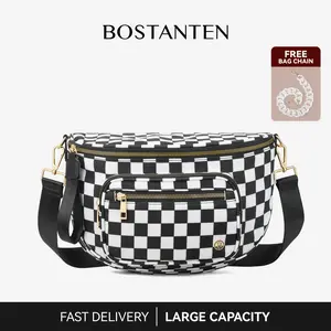 【FREE GIFT】BOSTANTEN Checkered Bum Bag Crossbody Belt Bag for Women Cross Body Purse Fanny Waist Pack with Adjustable Strap