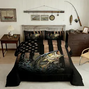 Feelyou American Flag Luxury Bedding Set - Fishing & Hunting Themed Pike Fish Comforter, Rustic Wooden Soft Duvet Set, Bedspread for Home Decor, Bedroom Gifting