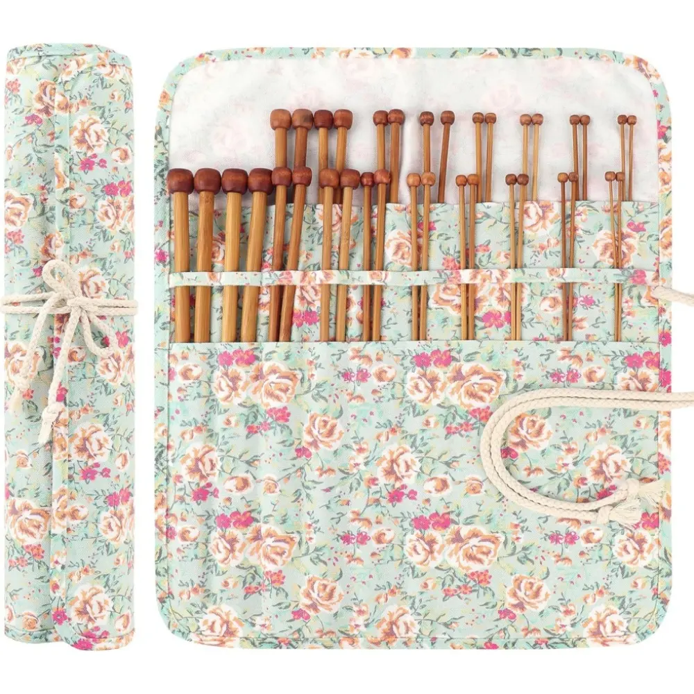 18-Pair Bamboo Single Point Knitting Needles Set - 14in Wooden Needles (2mm-10mm) with Flower Roll Bag, Portable for Beginners
