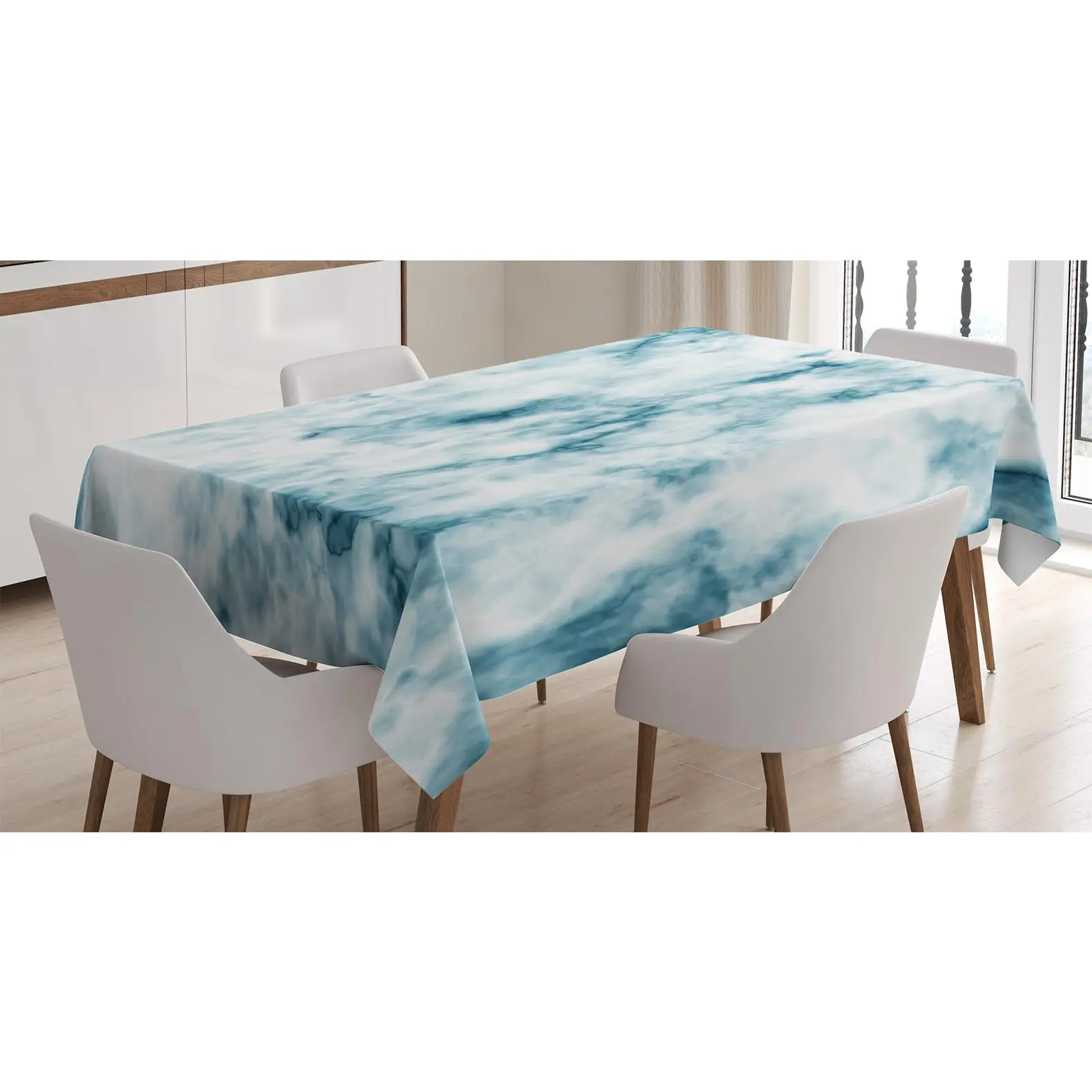 Nature Tablecloth, Fluffy Cloud Skyline Like Marble Motif Grunge and Retro Features Art Print, Rectangular Table Cover for Dining Room Kitchen Decor, 60" X 90", Cadet Blue Seafoam