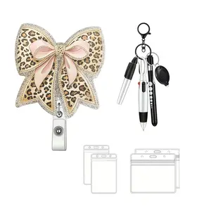 Leopard Print Bow Badge Clip, Badge Reels, 360 Degree Rotating Crocodile Clasp, Includes Keychain Pen Set, Waterproof ID Card Holder