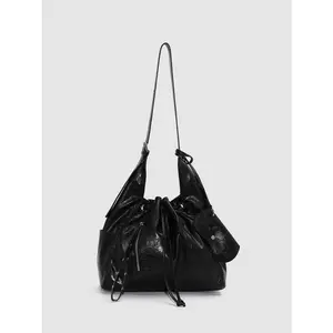 URBAN REVIVO 2026 Spring Women's Trendy Drawstring PU Shoulder & Crossbody Bag UAWB60112 Artificial Leather Textile Lining 34cm Medium Size