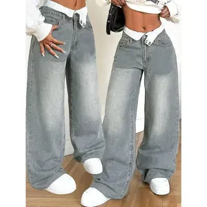 Tall Women's Jeans Low Waist Straight Pants Double Waist Straight Trousers Stitching Straight Pants Tall Women's Jeans Valentine Day Women Summer Wedding Guest Women Baggy Jeans