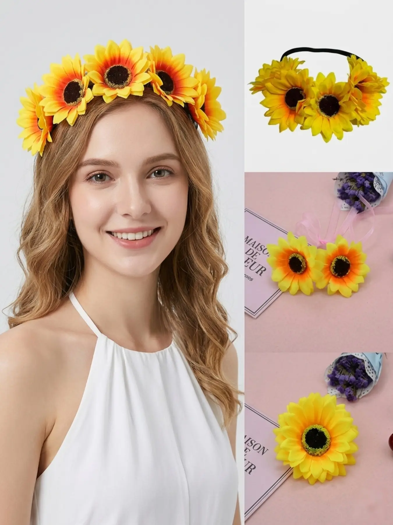 Sunflower Headband with 5 Vivid Silk Flowers and Secure Felt Pads Boho Floral Hair Accessory for Hippie Theme Party Music Festival Wedding Guest