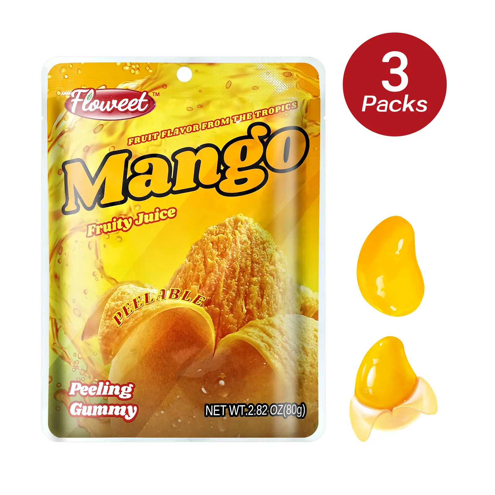 Floweet Mango Gummy Candy, Peeleble Gummy Mango Peeling Candy,Resealable 2.82 oz Bag(3 packs)