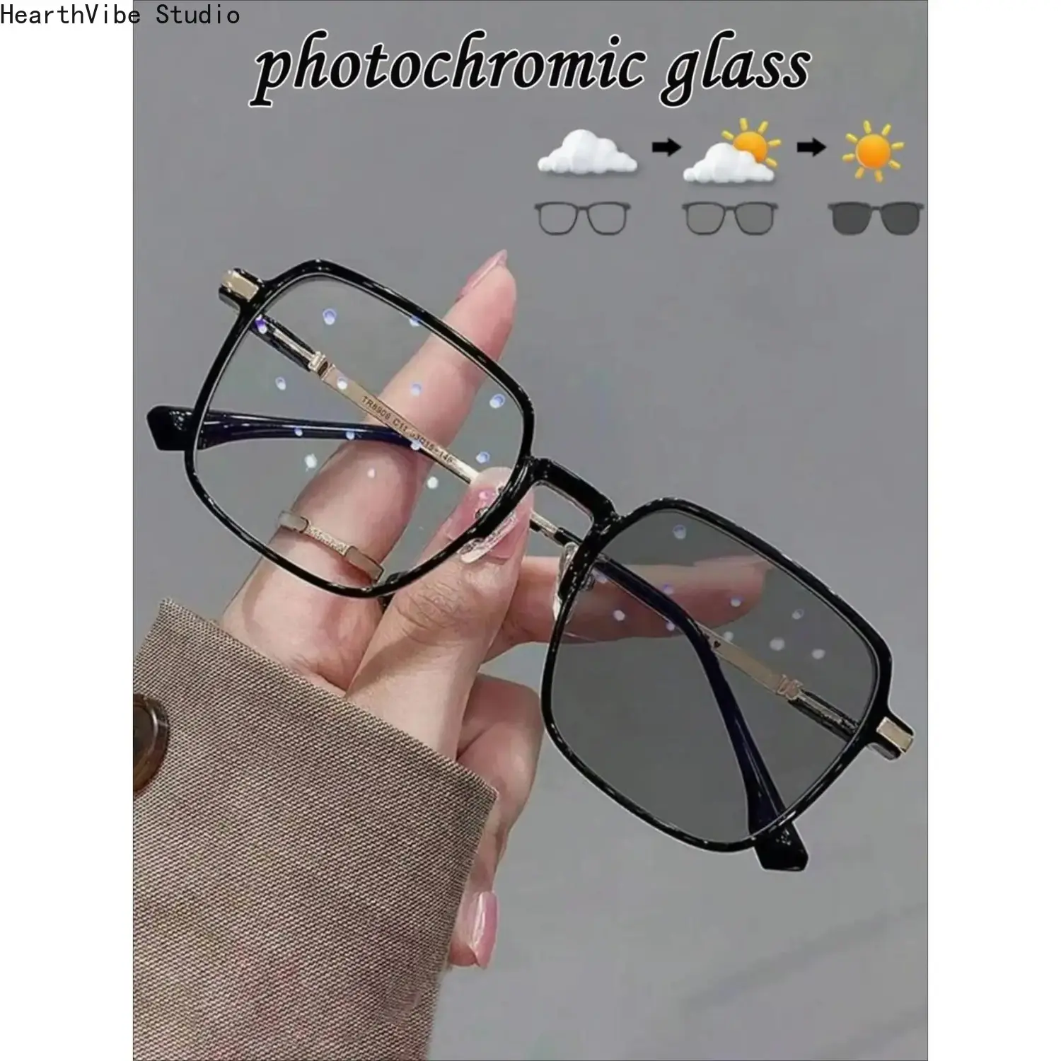 Classic Metal Frame Blue Light Glasses for Adults, Photochromic Color Changing Eyewear for Outdoor Protection, Dark, Sports, Unisex, Uv Protection, Square, Alloy, Daily Use, Students, Photochromic Lens, Uv Protecting, Single Size, Outdoor Use