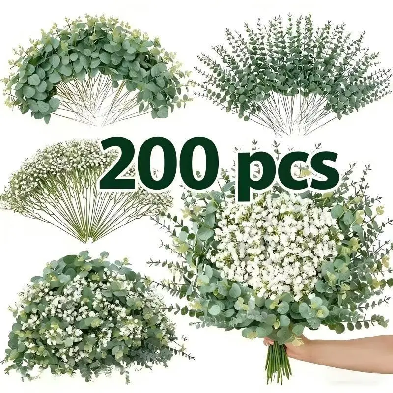 200 Pcs Mixed Artificial Eucalyptus Stems, Baby's Breath Flowers for Weddings, DIY Bouquets, Home Decor, Fake Greenery, Faux Eucalyptus Greenery, Fake Plant Decoration
