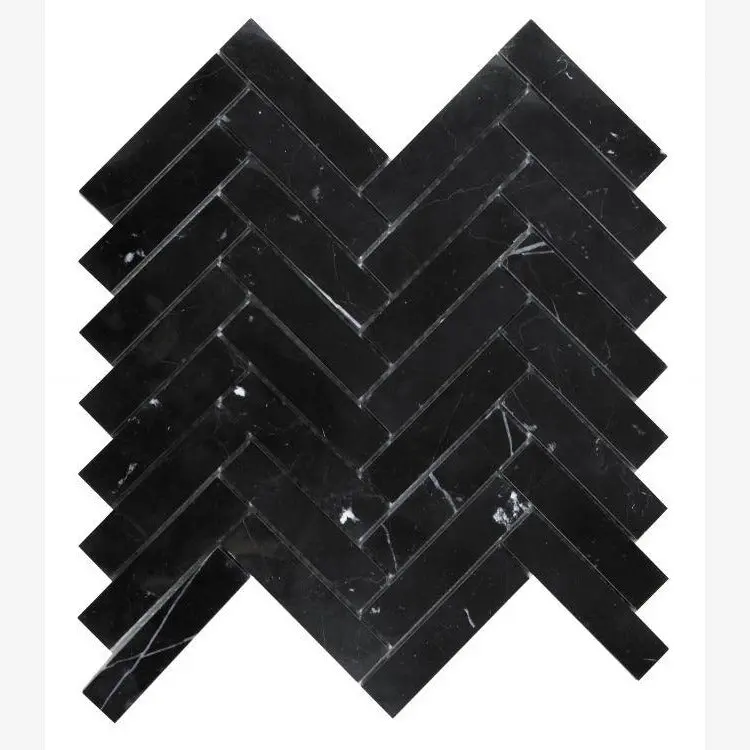 Nero Marquina 1×4 Herringbone Polished/Honed Marble Mosaic