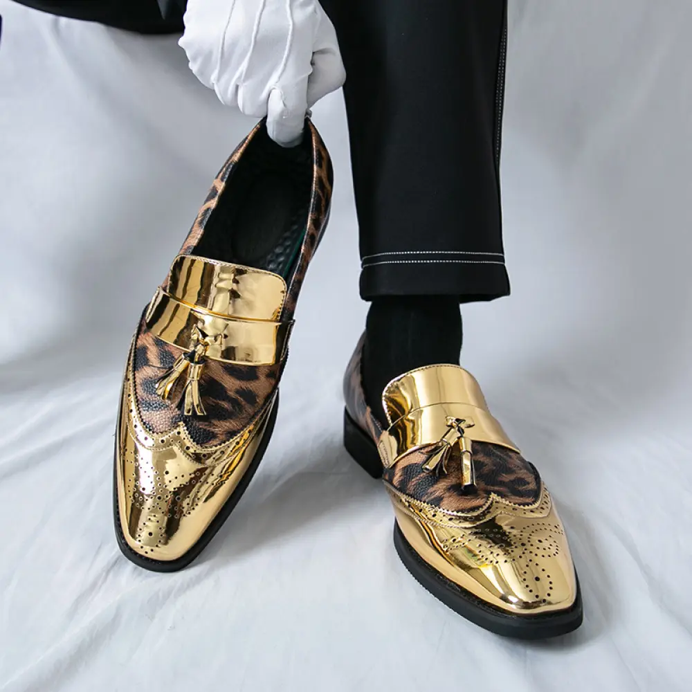 Men's Brogue Loafers with Metal Tassel Buckles & Leopard Print Details - Perfect for Weddings, Parties & Formal Events