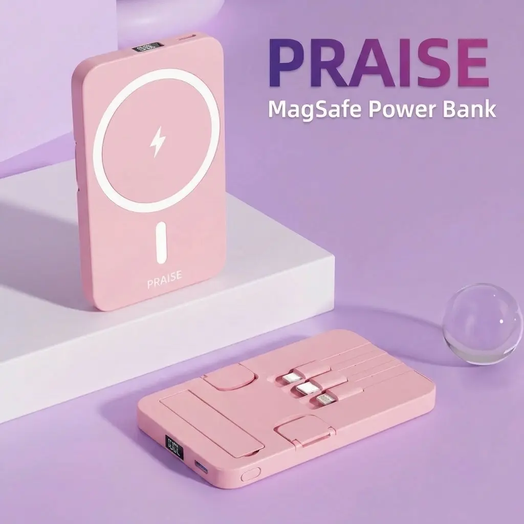 10000mAh Magnetic Portable Charger with Stand: MagSafe Wireless Power Bank for iPhone, Built-in 3 Cables (USB-C/A/Lightning) for Universal Universal Fast Charging