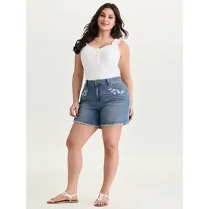 BLOOMCHIC Women's Plus Size Cotton-Spandex No-Gap Waist Skinny-Fit Denim Shorts with Pocket, Basic Turn-Up Hem Bottoms [M-6X], 2026 Summer Garment, Mother's Day Pick 2026 Summer Vibes