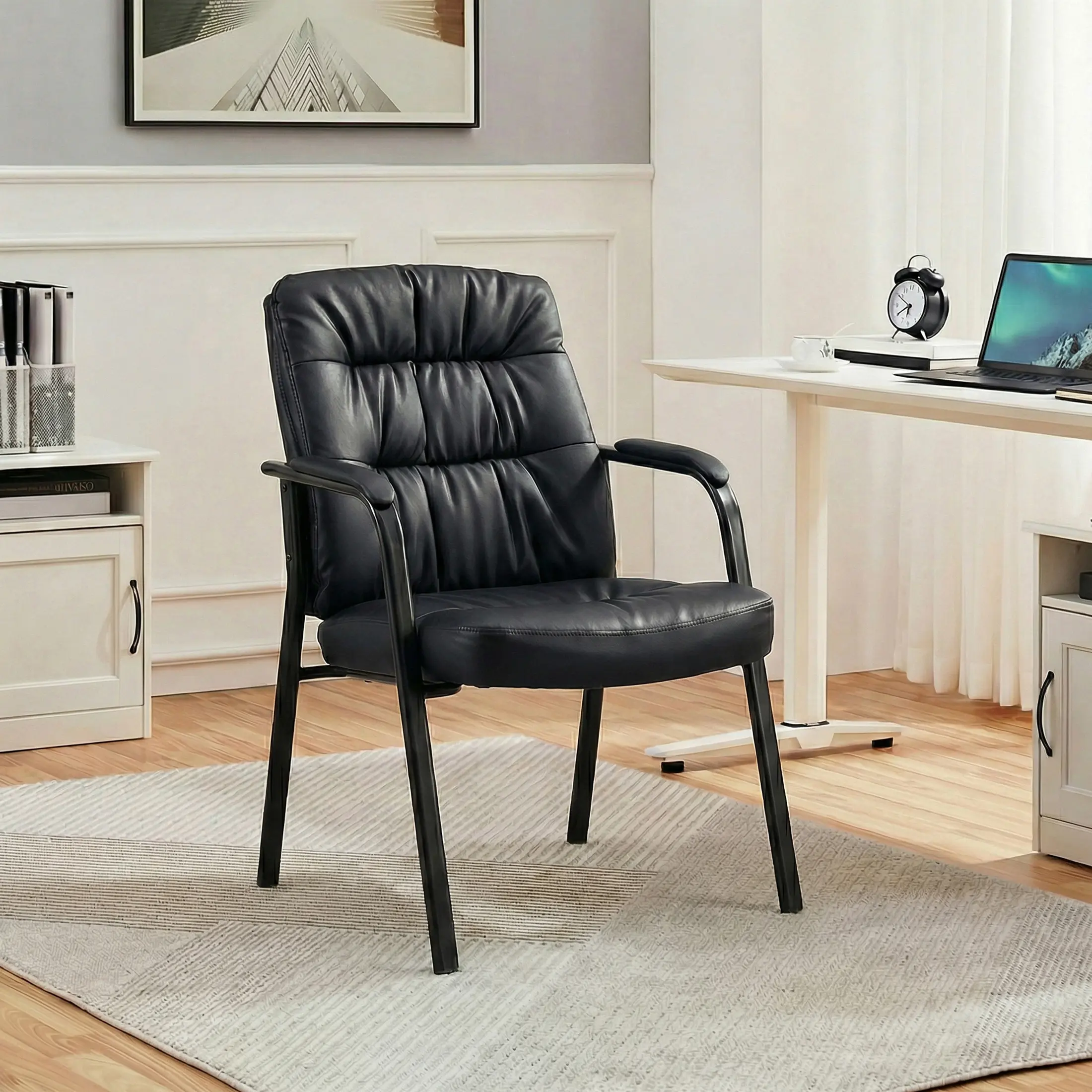 Guest Chair,Leather Reception Chair with Fixed Padded Armrests for Office Waiting Room & Lobby Area Seating,1Pack