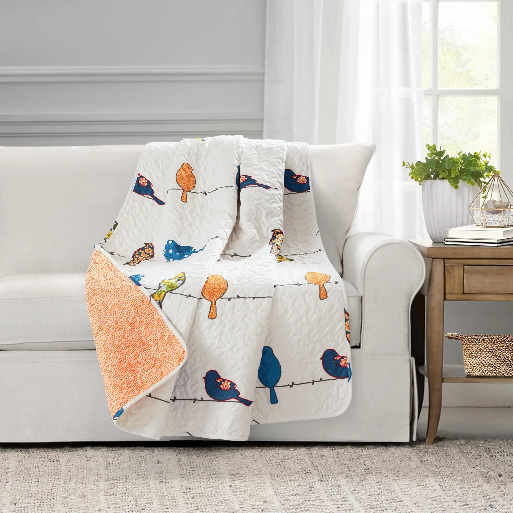 Lush Decor Rowley Birds Throw - White with Bird Patterns, Soft Cozy Design, Reversible Boho Blanket, Machine Washable, 60x50 Inches, Lightweight Cozy Blanket