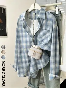 1 Piece Classic Collar Buttoned Cuff Loose Plaid Shirt Blouses for Daily Outfit Preppy Style
