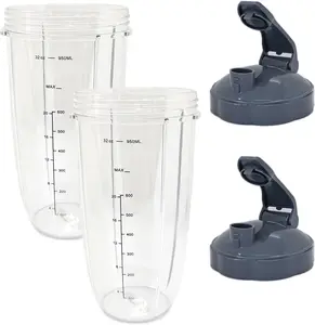 4 count 32oz Blender Cups Compatible with Nutribullet Pro 600W 900W Replacement Parts with Convenient Flip-Top To-Go Lid