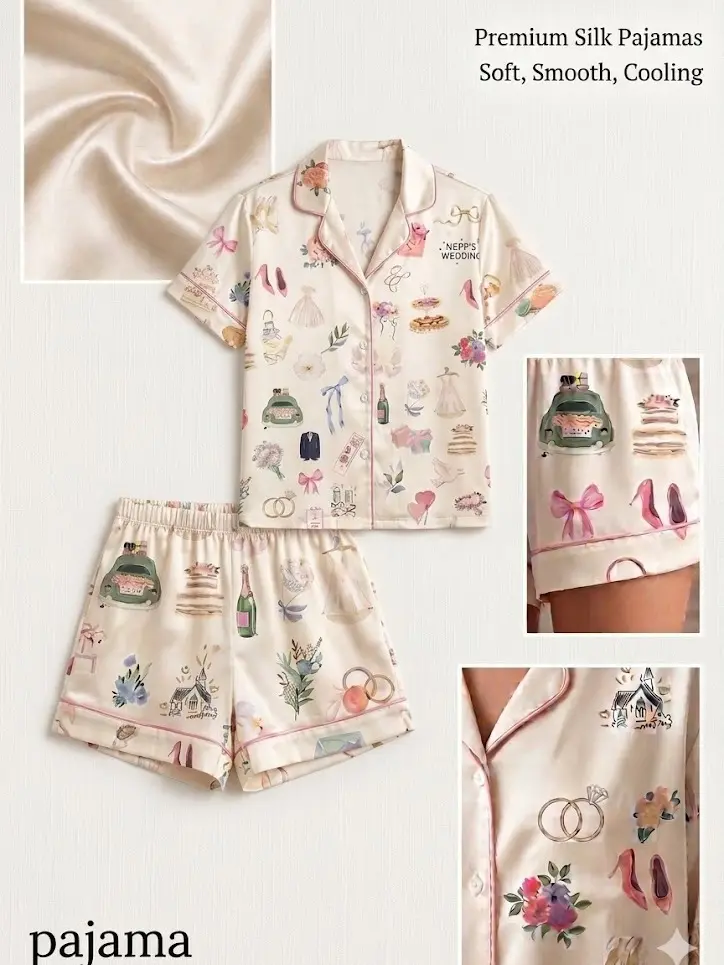 Bridal Pajamas Set, Custom Bridesmaid Pjs, Wedding Morning Silk Sleepwear, Cute Bridal Party Loungewear, Satin Short Sleeve Pajama Set