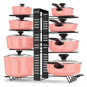 8 Tiers Pan Pot Organizer Rack Multi-layer Iron Wire Bilateral Pot Adjustable Cabinet Pots Lids Storage Rack Kitchen Tool Rust Prevention Durable Safety Materials