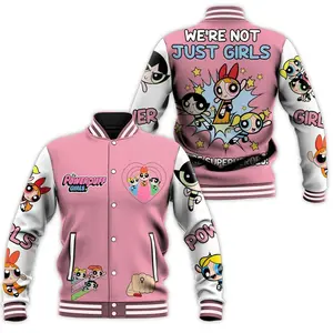 Powerpuff Cartoon Varsity Baseball Jacket Unisex, Retro Animation Bomber, Cute Streetwear Outfit, Nostalgic Fan Gift