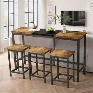 [Bellemave]Modern Design Kitchen Dining Table, Pub Table, Long Dining Table Set with 3 Stools, Convenient Hanging Stool Design, Natural+Black,(Same SKU:W757P146463)