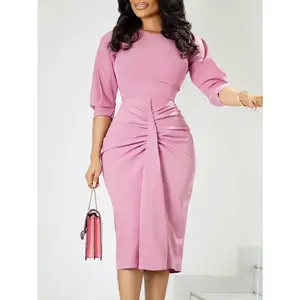 Elegant Royal Blue 3/4 Sleeve Bodycon Midi Dress for Women - Vintage Ruffle Detail, Stretch Polyester Fabric, Perfect for Work or Church Formal Chic（gift）