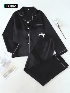 Women's Plain Soft Sleepwear Loungewear Set Long Sleeve Button Front Shirt & Pants, Casual Loose Fit Pajamas for All Seasons, Home Wear