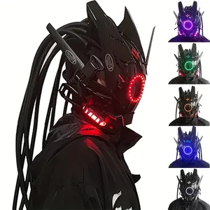 1pc Handmade LED Cyberpunk Mask with Braids & Multi-Color Lights - Mechanical Samurai Design, Battery-Powered for Halloween Cosplay, Music Festivals - Includes Free Helmet, Adult Gift, Festival Lighting Accessory, Halloween Costumes