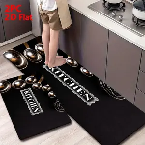 2/3pcs Soft Flannel Kitchen Mat Set, Vintage Metal Cookware & Lace Frame, Non-Slip, Absorbent, Home Decor,Black