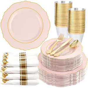 350PCS Pink Plates Disposable - Pink and Gold Plates 50guest Baroque Plastic Dinnerware include 100Plates, 50Pack Pre Rolled Napkins with Silverware 50Cups Perfect for Wedding＆Valentine