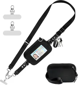 Black Adjustable Detachable RFID Cellphone Wallet Strap - Aluminium-Metal Alloy Nylon Lanyard with Durable Clip-and-Go Design, Transparent ID Window, Zipper, Waterproof Card Storage, Wireless Mobile Device Compatibility (Crossbody/Wristlet)