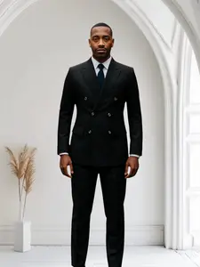 Ramzotti Double Breast Black Men Suit With Gold Plated Button And Double Slits At The Back